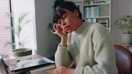 Sticker - Work, tired and office stress headache of a woman working on a computer. Business tech employee with anxiety burnout using technology to work on a deadline, job project or IT internet strategy