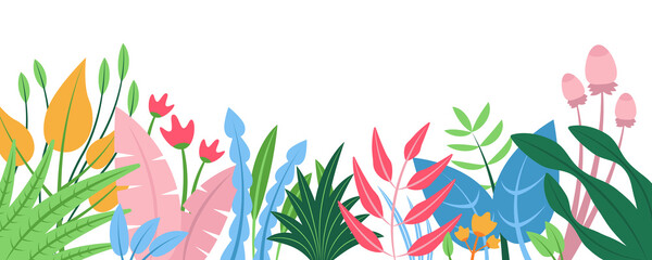 Poster - Summer nature background with floral pattern concept. Horizontal web banner with leaves and flowers elements. Gardening abstract plants border. Illustration in flat design for website.