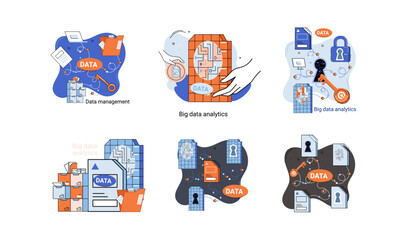 Big data analytics platform, data management and protection creative metaphor set abstract concept. Data center room disk infrastructure business information safety. Technology Internet and network