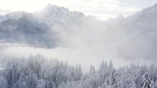 Aerial Shot Of Winter Forest And Mountains Covered In Snow, Morning Fog, Frozen Forest