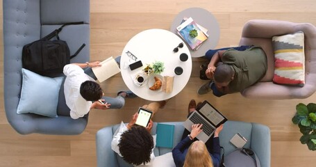 Leinwandbilder - Technology planning, creative meeting and employees working on web design together, business collaboration for company website and marketing strategy from above. Top view of workers talking with tech