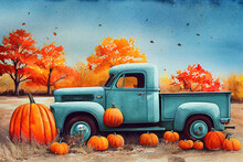 Vintage Watercolor Turquoise Truck. Autumn Farm Illustration Of Old Retro Car With Pumpkins And Leaves Decor.