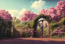 3D Render Illustration Of An Magical Old Gate With Ivy And Flowers Leading To An Enchanting Garden