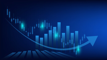 Financial business statistics with bar graph and candlestick chart show stock market price and effective earning on blue background