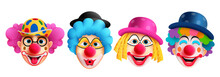 Clown Characters Set Vector Design. Birthday Buffoon And Joker Character With Funny And Happy Facial Expression Wearing Colorful Costume For Kids Party Celebration. Vector Illustration.