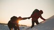 teamwork silhouette. handshake comrades rejoicing victory. shake hands command group mountain hill sunset. overcome difficulties. top cliff goal climbers. trekking snowy winter hike happy successful.