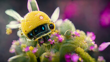 3D Rendering Of Yellow Honey Bee Robot On The Flower, CG Artwork Design Concept