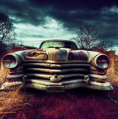 Wall Mural - Abandoned vintage car in a rusty condition. 3D illustration