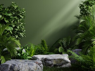 Wall Mural - Stone platform in tropical forest for product presentation and green wall.
