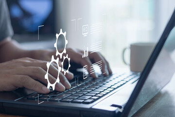 Wall Mural - person working on computer laptop. automation, industrial business process workflow optimisation con