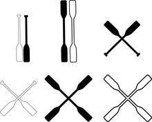 Two Black Silhouette Of Crossed Oars. Rowing Oars Sign. Crossed Wood Paddle Symbol. Flat Style.