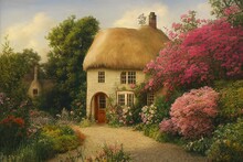 Charming English Style Cottage In The Garden. High Quality Illustration