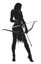 Silhouette Of A Fantasy Female Warrior Archer Aiming At Her Target From A Distance.  Equipped With A Bow.