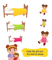 Wall Mural - Matching children educational game. Activity for pre sсhool years kids and toddlers. Help the girl find the right size bed for her doll.
