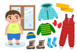Vector set of seasonal winter clothes for kids. Illustration of a cartoon boy looking out the window.
