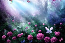 Enchanted Fairy Tale Forest With Magical Shining Window In Hollow Of Fantasy Pine Tree Elf House, Blooming Fabulous Giant Pink Rose Flower Garden, Flying Magic Blue Peacock Eye Butterfly, Copy Space