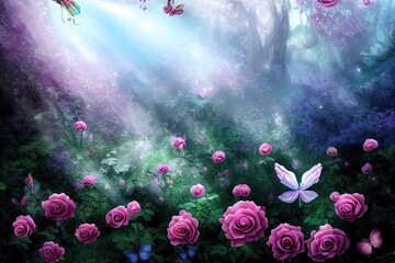 Enchanted fairy tale forest with magical shining window in hollow of fantasy pine tree elf house, blooming fabulous giant pink rose flower garden, flying magic blue peacock eye butterfly, copy space