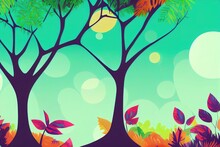 Forest Or Jungle With Big Lonely Tree And Colorful Leaves And Flowers. Forest Or Woods Bright Green Illustration For Kids. 2d Magic Jungle For Kids.