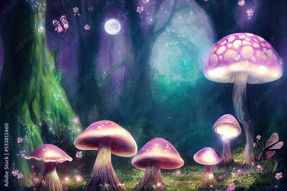 Magical fantasy mushrooms in enchanted fairy tale dreamy elf forest ...