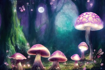 Poster - Magical fantasy mushrooms in enchanted fairy tale dreamy elf forest with fabulous fairytale blooming pink rose flower and butterfly on mysterious background, shiny glowing stars and moon rays in night