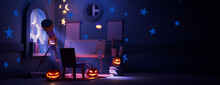 Scary Pumpkins In Youthful Astronomer's Room. Halloween Background With Copy-space.