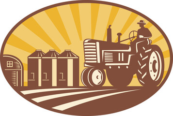 Wall Mural - Farmer Driving Vintage Tractor Retro Woodcut