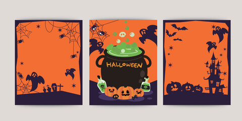 Vector set of Halloween party invitations or greeting cards with traditional symbols. Funny halloween designs.