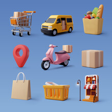 Set Of 3d Online Shopping Icon, Business And Free Shipping Concept.