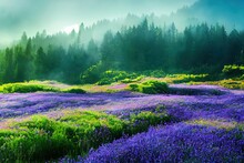 Fantasy Fabulous Wide Panoramic Photo Background With Autumnal Pine Tree Forest, Summer Rose And Bluebell Campanula Flower Bush, Flying Blue Butterfly And Mysterious Foggy Trail Road With Copy Space