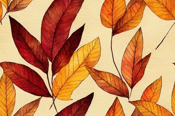 Wall Mural - Hand drawn autumn brown leaves leaves repeat seamless watercolor boarder