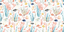 Watercolor Hand Drawn Seamless Pattern, Colorful Illustration Of Sea Underwater Plants, Fish, Seaweeds, Ocean Coral Reef. Aquarium Decor. Wildlife Marine Floral Elements Isolated On White Background.