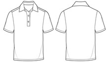 Mens Short Sleeve Pique Polo T Shirt Flat Sketch Vector Illustration. Front And Back View Template. Cad Mockup.