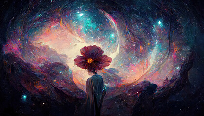 Wall Mural - Fantasy fairy tail abstract wallpaper with galaxy space Universe illustration in background with stars, planets and colorful blue, pink, red, orange, teal, turquoise clouds and sky with milky way