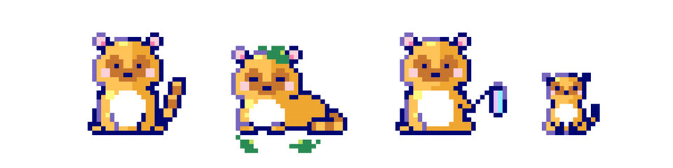 Poster - Pixel raccoon illustration set. Pixel art animal raccoon or japanese tanuki icons collection. 8 bit 90s game style cute asset sticker illustrations. Funny pixelated raccoon characters.