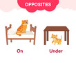Vector learning material for kids opposites suggestions on under. Cartoon illustrations of the cat is sitting on the bed, the kitten is under the table.
