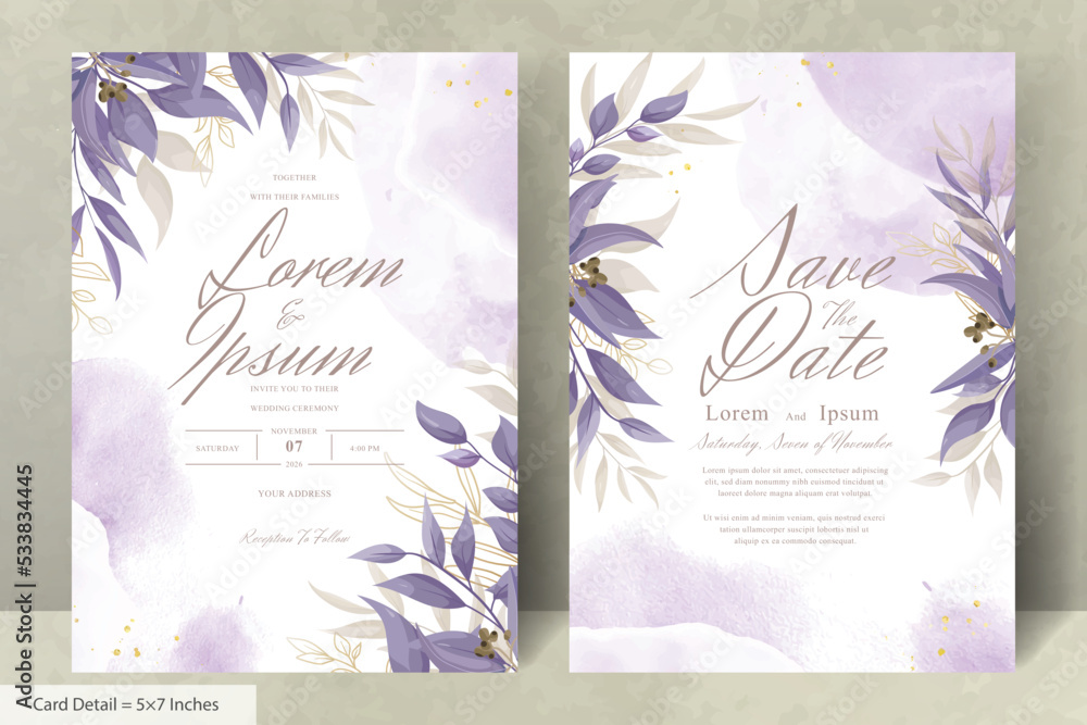 Elegant Wedding Invitation Card with Watercolor and Greenery Leaves ...
