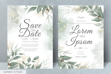 Elegant Wedding Invitation Card with Watercolor and Greenery Leaves