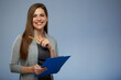 © Yuriy Shevtsov - Smiling woman accountant ready for work with clipboard for tax report. Isolated portrait.
