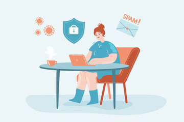 Wall Mural - girl working on laptop at table flat vector illustration. woman protecting data on device from spam 