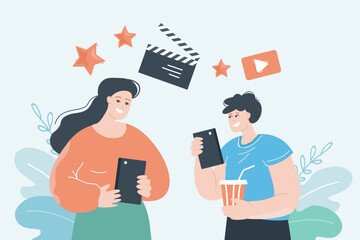 Wall Mural - man and woman watching videos at phones flat vector illustration. people using smartphones, watching