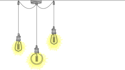 Wall Mural - One line png drawing of modern loft style chandelier with pendant lamps with Edison bulbs. Continuous line drawing of shining lightbulbs in doodle style. Horizontal illustration 