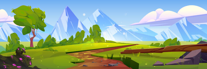 Wall Mural - Cartoon nature mountain landscape with rural dirt road going along green field with grass and rocks under blue sky with fluffy clouds, scenery summer background, day time scene, Vector illustration