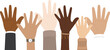 Flat design illustration of people with different skin colors raising their hands. Unity concept.	