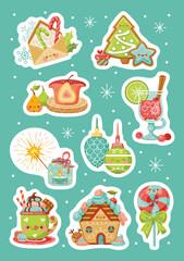 Wall Mural - Sticker pack with kawaii christmas elements. Set of cute vector illustration