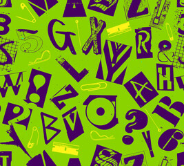 Wall Mural - Punk seamless vector pattern alphabet typography composition with pins and clips in the style of grunge and punk design in black on green colored background.