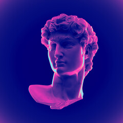 Wall Mural - Digital illustration from 3D rendering of broken marble male classical head bust isolated on colorful background in vaporwave color palette.