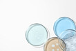 Petri dishes with color liquids on white background, flat lay. Space for text