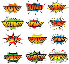 Comic Collection Colored Sound Effects Words Pop Art Vector Style. Set Comic Bubble Speech Word Comic Cartoon Expression Illustration. Lettering Phrase.