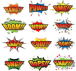 Comic collection colored sound effects words pop art vector style. Set comic bubble speech word comic cartoon expression illustration. Lettering phrase.