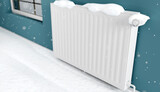 Fototapeta Zwierzęta - Diagonal snowy and cold radiator against heating bills.